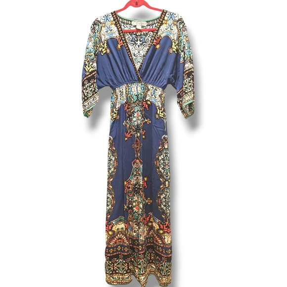 Flying Tomato Indigo Blue 100 Rayon Geometric Print Kimono Maxi Dress Size S - Picture 1 of 7